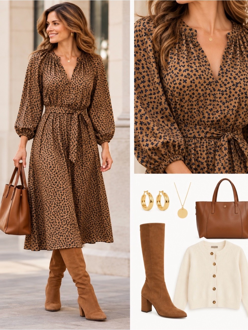 Boden Brown Long Sleeve Patterned Dress
